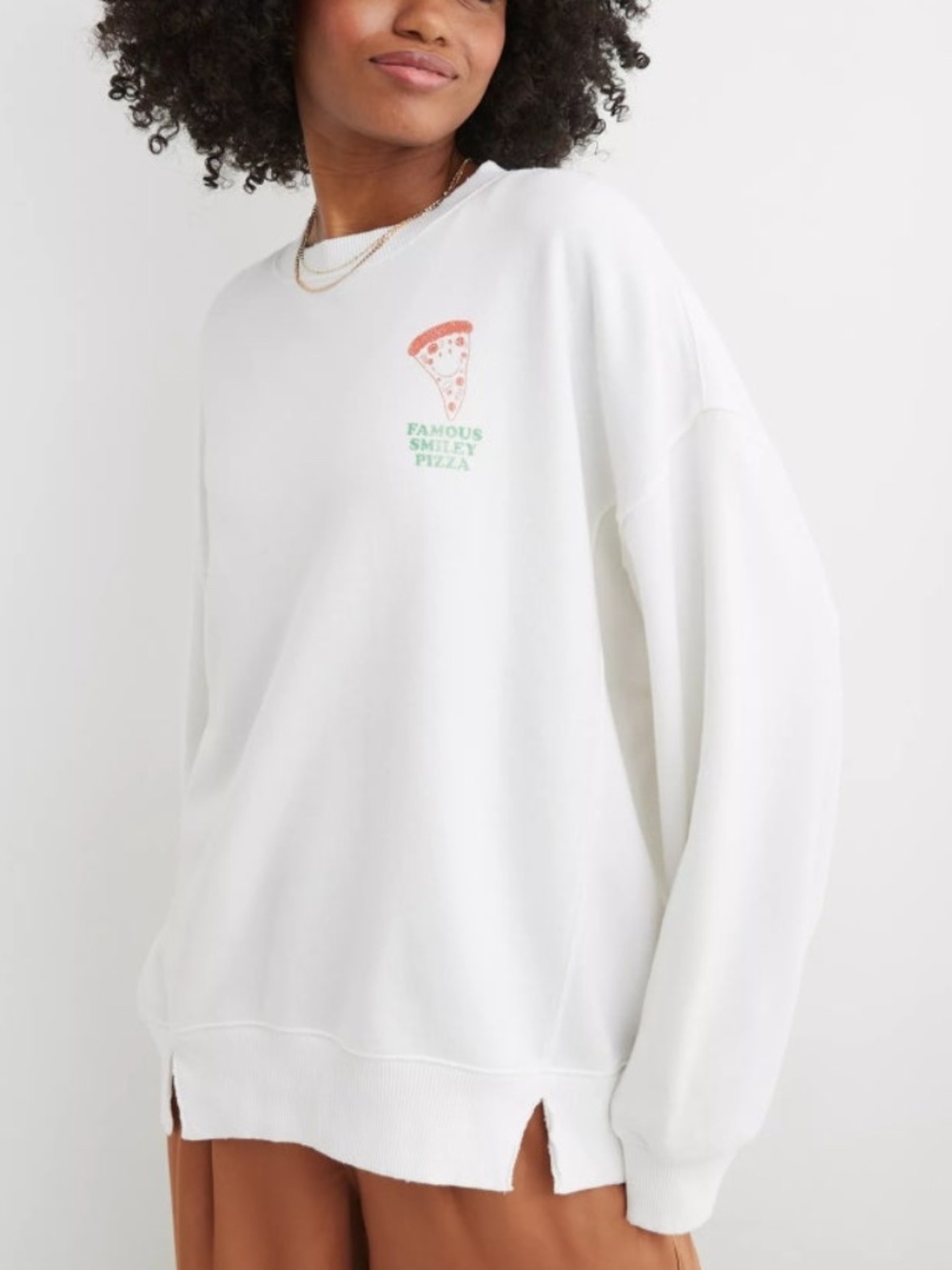Aerie - Oversized The Chill Crew Sweatshirt Distressed White Smiley Pizza - XXL